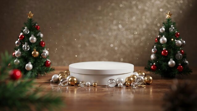 Festive christmas display with empty podium for product presentation