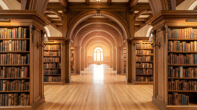 Classic wooden library interior with rows of old books on shelves and bright light in background
