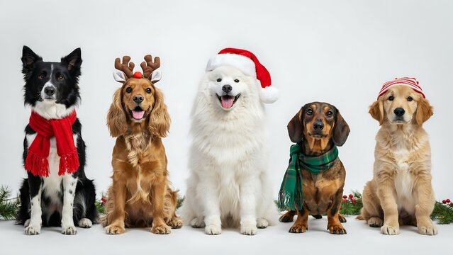 Festive group of dogs wearing holiday apparel for christmas celebrations