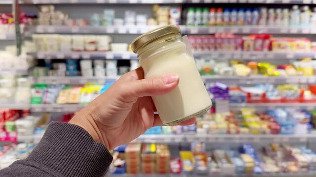 Hand Holding Cottage Cheese in Supermarket &ndash; Dairy Products in Front of Blurred Shelves