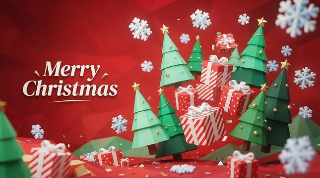 Festive christmas display with trees gifts and a merry christmas message