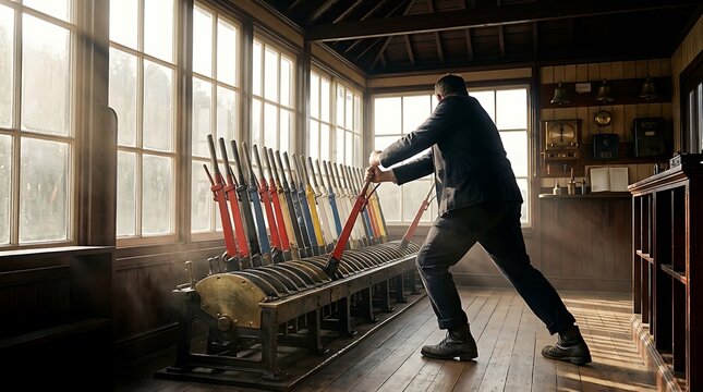 Signalman operating large iron manual levers in busy historic railway track signal cabin.
