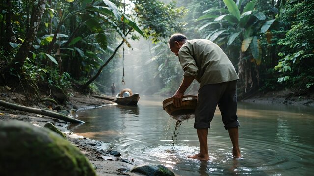 Man collecting water in a lush green tropical forest creek during daytime
