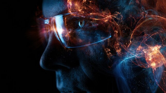 A person is visualizing mental images with brain-computer interface technology. The visual cortex is activated, showing dynamic abstract patterns.