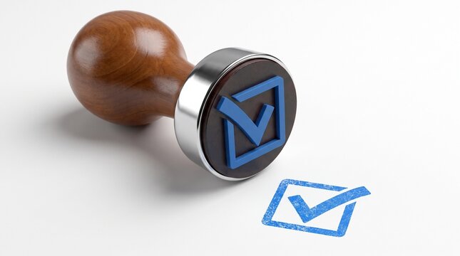 Wooden rubber stamp with blue checkmark icon on white background