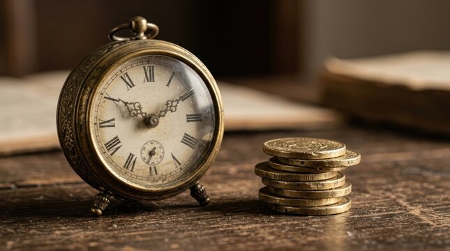 vintage clock and stacked coins on wooden table