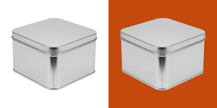 Empty silver metal square storage tin box with lid for kitchen food products
