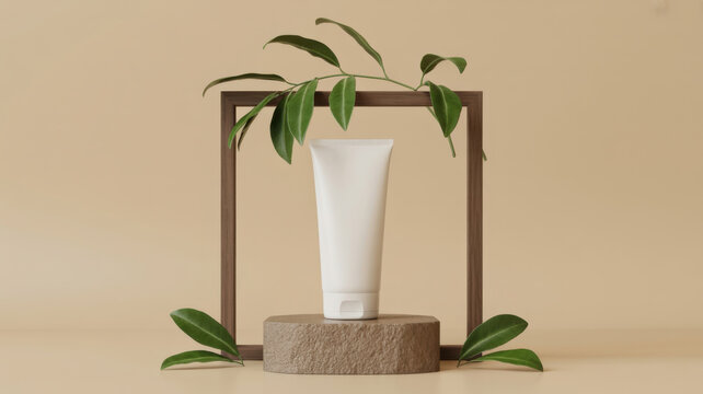 White cream tube in frame with leaves on pedestal