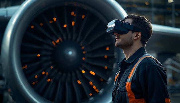 Aircraft engineer wearing virtual reality headset inspecting jet