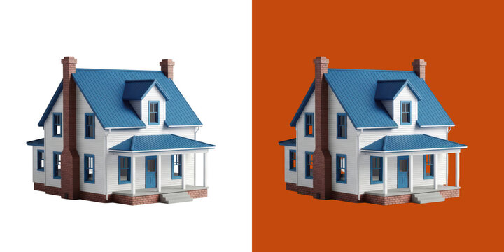 Miniature house model with blue roof and brick chimney 3D render graphic icon