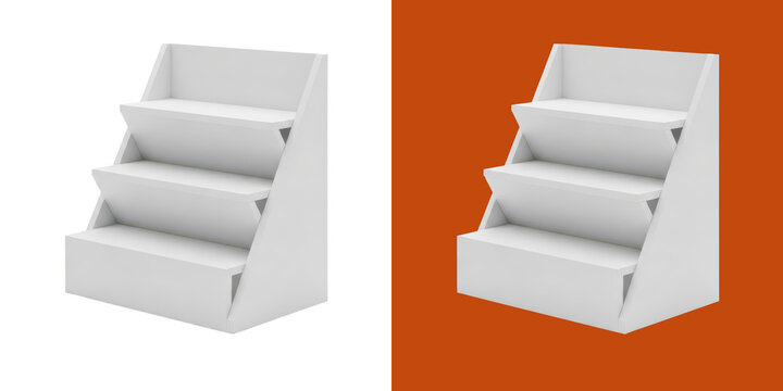 Empty white three tiered display stand for retail products 3D rendering
