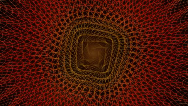 Abstract hypnotic tunnel of glowing red and orange geometric lines, seamless motion background, for digital and, sci-fi visuals