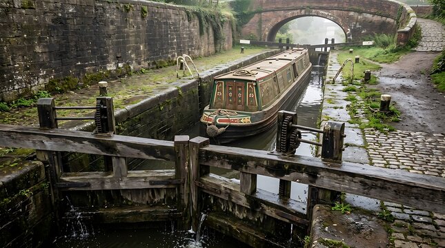 Green narrowboat floating in historic canal lock system under old stone bridge architecture.