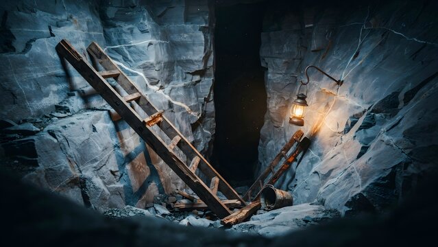 Old wooden ladder leaning against a wall inside a dark underground mine shaft