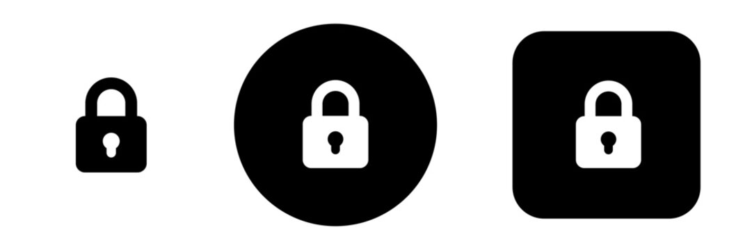 Lock icon set with padlock and secure access symbols in solid button style. Security control icons for password protection, account access and privacy settings