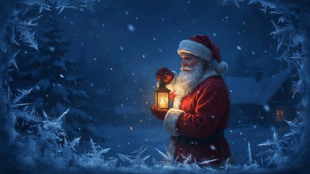 Santa claus holding lantern in winter forest at night with snowflakes