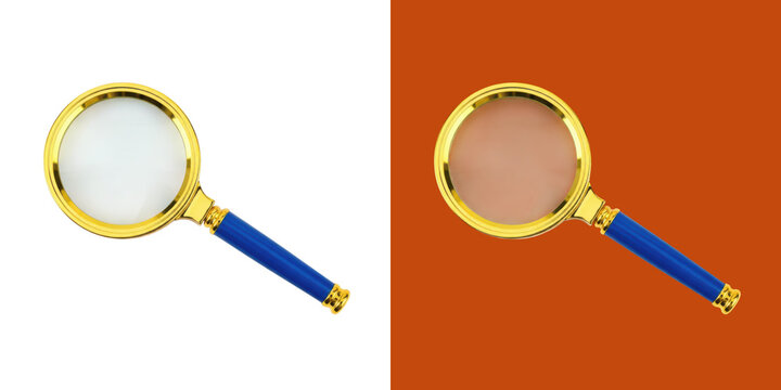 Shiny Golden Magnifying Glass with Blue Handle on White and Orange Background