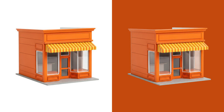 Small orange shop building with yellow striped awning 3D model icon render