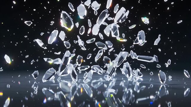 Orbiting view of a shattering glass crystal prism on a mirrored floor