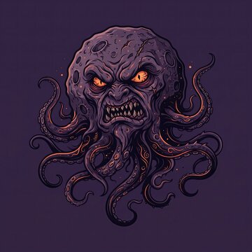 Eerie cosmic horror emblem of an angry planetoid face floating above spiraling octopus arms