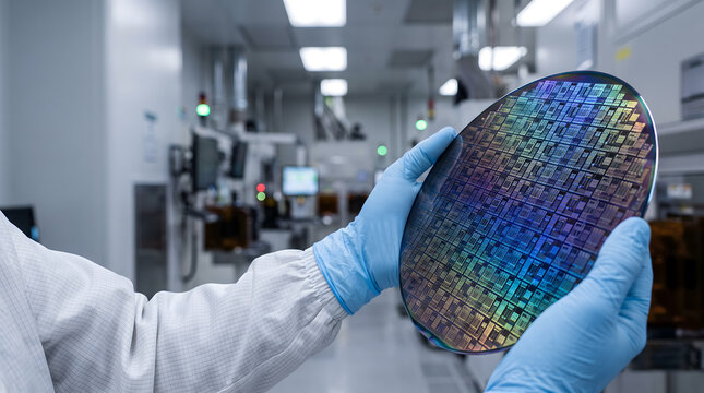 Cleanroom Technician Holding Silicon Wafer With Integrated Circuits Wearing Blue Gloves