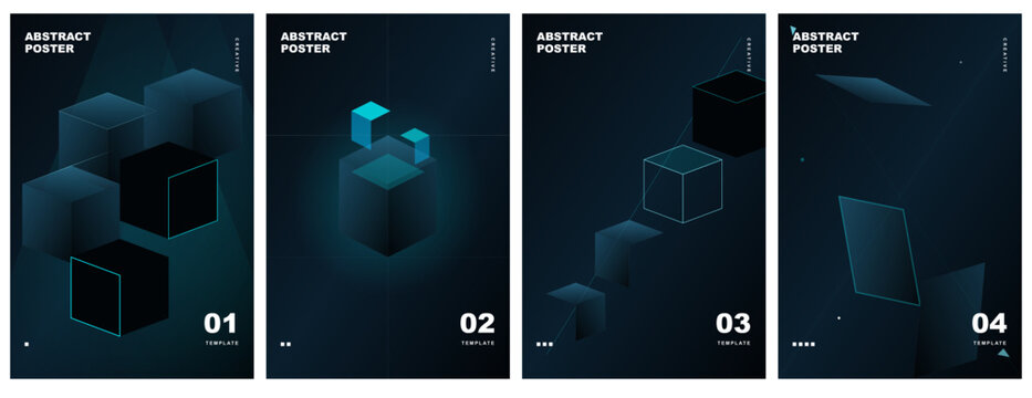 Set of four abstract posters with dark blue background, featuring geometric 3d cubes, wireframe elements, and modern minimalist design for technology or business