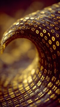Glowing golden binary digits on a curved digital ribbon