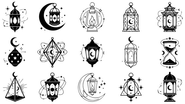 Set of black and white ramadan lanterns and crescent moon icons for islamic holiday celebrations