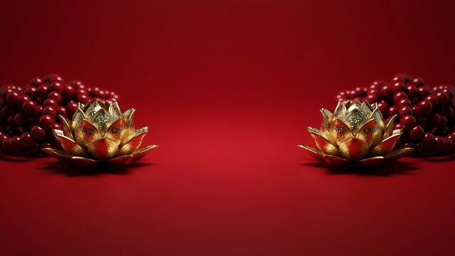 Elegant golden dragon sculptures on a vibrant red background for lunar new year