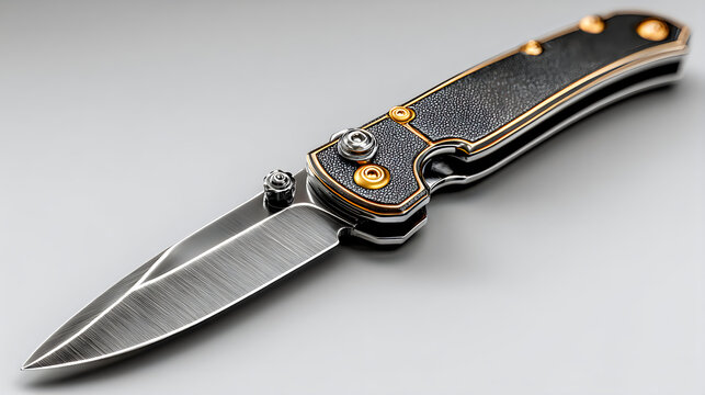 Modern folding pocket knife stainless steel blade black handle golden details Images
