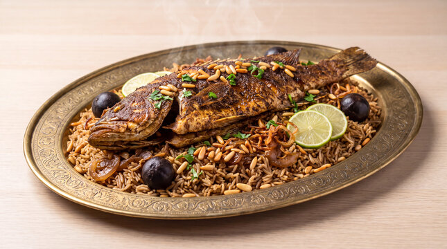 Traditional qatari mutabbaq samak fish served with spiced rice on a