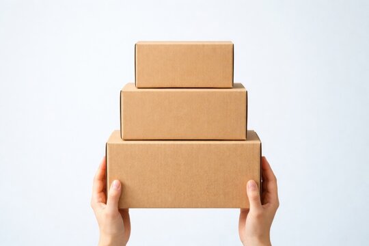 Hands holding stacked cardboard boxes against a clean white background