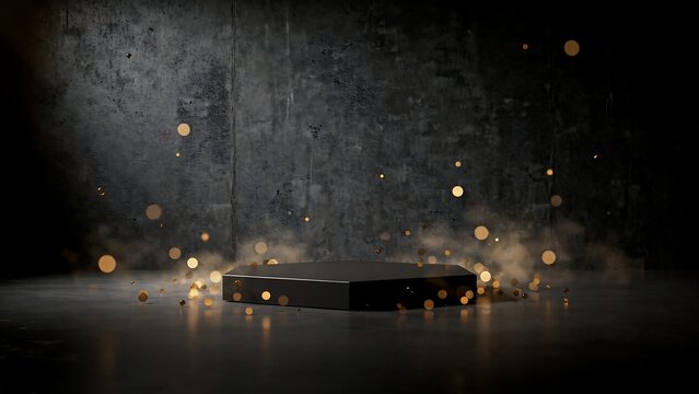 Modern interior with a dark textured wall and reflective floor with blurred lights