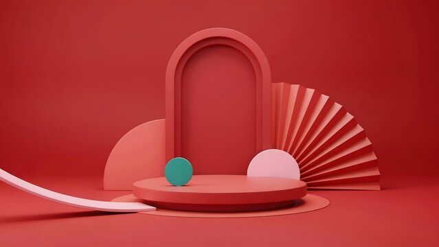 Abstract geometric shapes in shades of red with a minimalist product display