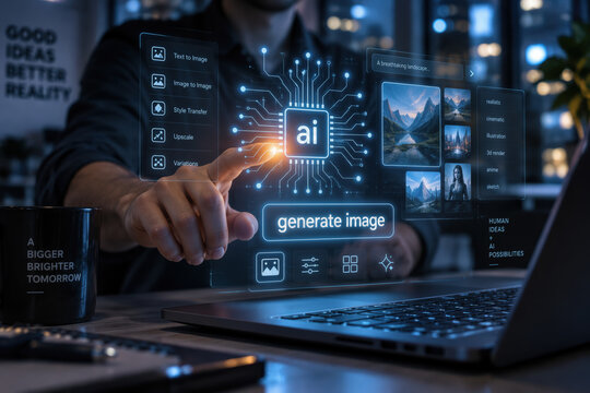Person touching glowing AI holographic interface above laptop keyboard in a modern tech office, futuristic chip node UI and generate image control for creative image generation workflow