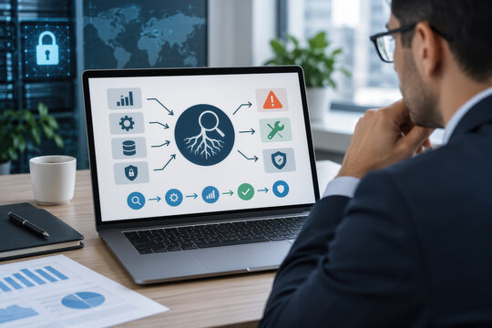 Business professional reviewing laptop displaying root cause analysis workflow and risk management dashboard for corrective action, prevention and cybersecurity in corporate analytics setting