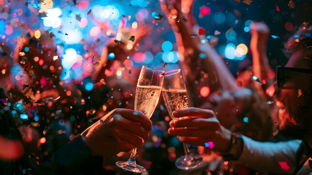 Vibrant New Year's Eve party with a champagne toast and confetti