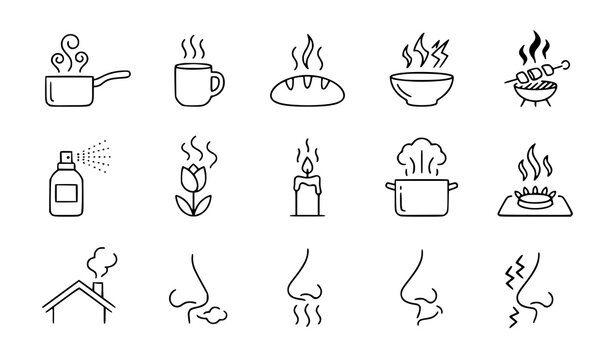 Set of hand drawn doodle icons representing the sense of smell and various aromas and scents