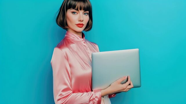 Woman in a Pink Satin Blouse Holding a Laptop against a Blue Background