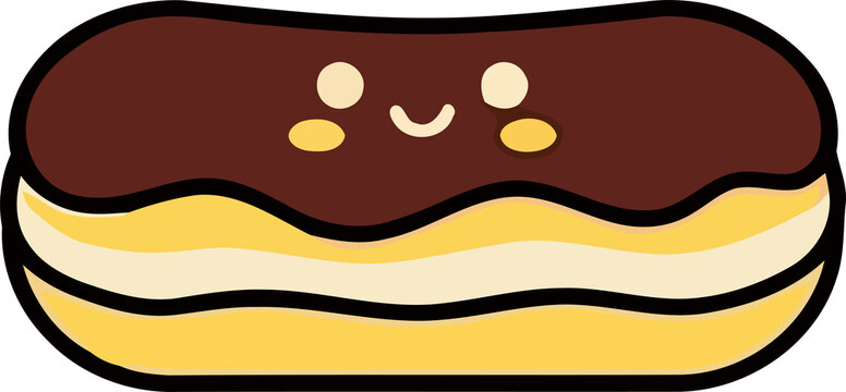 Delightful pixel art rendering of a happy cream puff pastry covered in rich chocolate and featuring an adorable welcoming expression