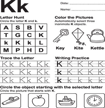 Letter K Worksheet for Kids, Educational Activity. Circle the Letter K and K, Tracing Practice, Color the Pictures