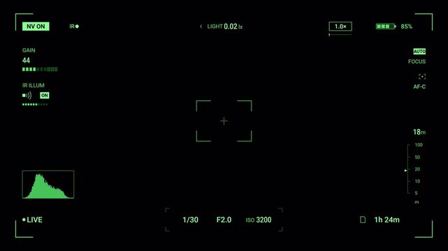 Night Vision Camera Viewfinder Overlay with Green HUD, Infrared Status, Focus, Gain and Exposure Control. Clean Green Phosphor Night Vision Camera Interface with Low Light Gain. 4k Alpha