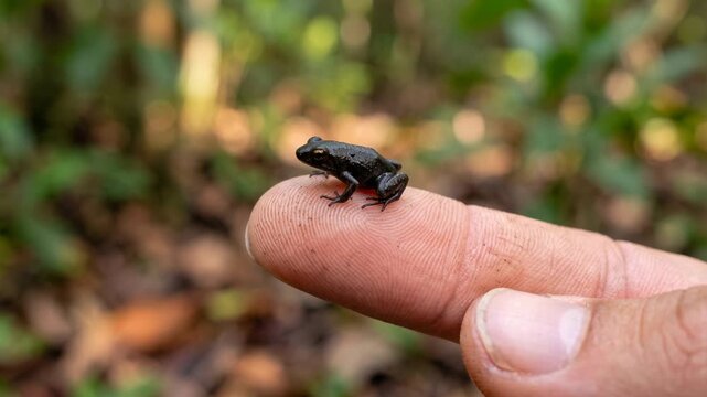 monte iberia eleuth frog close up on a finger at morning light in monte iberia cuba video