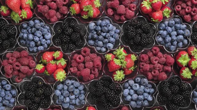 Rotating Flat Lay of Ripe Strawberries Raspberries Blueberries and Blackberries in Clear Flower Shaped Bowls Top View Vertical Video Concept