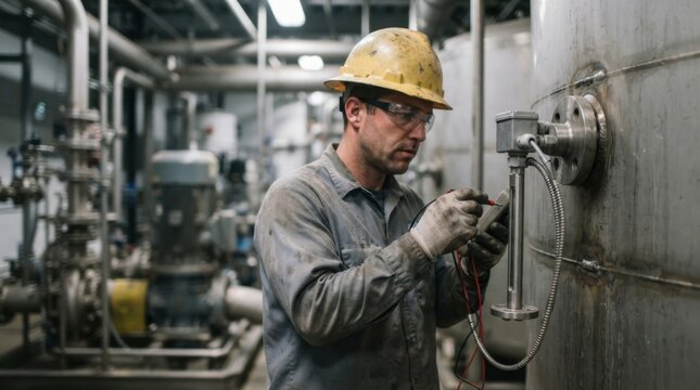 Maintenance technician inspecting a stainless steel level switch on a process tank with piping, cable glands, and blurred pump room behind