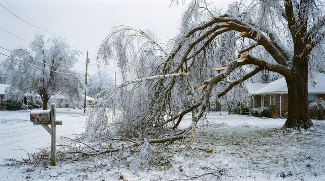 Large tree branch broken and fallen in residential neighborhood after heavy ice storm