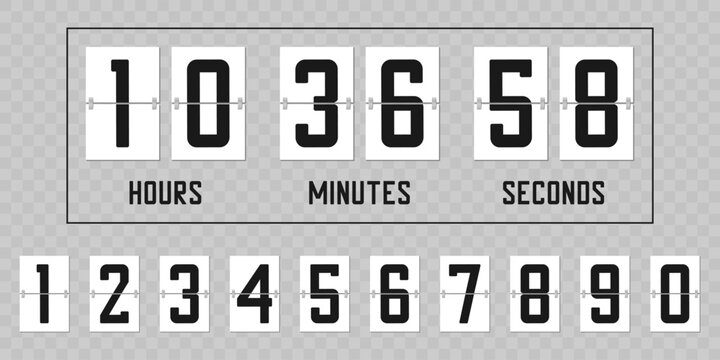 Flip countdown timer or clock. Flipboard numbers set from 0 to 9 isolated on transparent background. Mechanical flip scoreboard template. Vector.