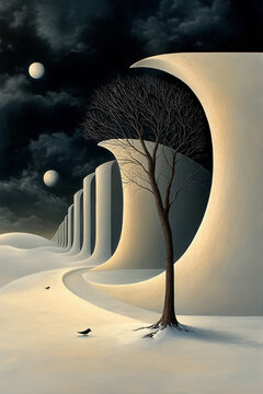 A surrealistic scene with a featureless winter landscape, a row of curved white architectural arches, a lone leafless tree in the foreground, and two moons in the dark night sky.