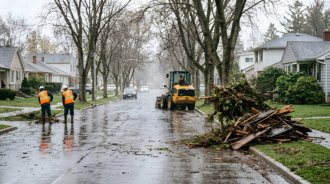 Municipal workers and front loader clearing storm debris branches and wood from wet residential street