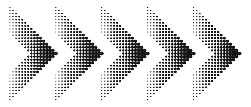 Halftone arrow. Dotted arrow with halftone effect. Dynamic pointer. Modern navigation or direction sign. Vector.